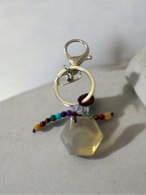 Multicolor Beaded Key & Card Holder Charm with Clear Qua Faceted Hexagon Pendant